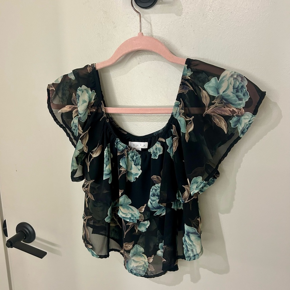 Leith Nordstrom Black & Teal Rose Floral Off The Shoulder Top / Blouse